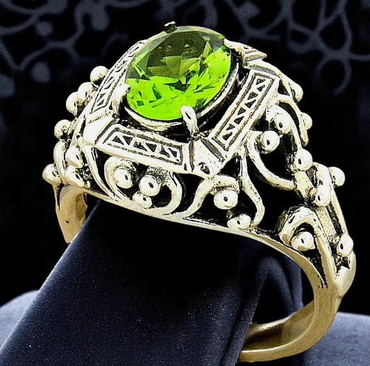 VINTAGE STYLE 925 STERLING SILVER SIMULATED 1 Ct PERIDOT FILIGREE RING      1144