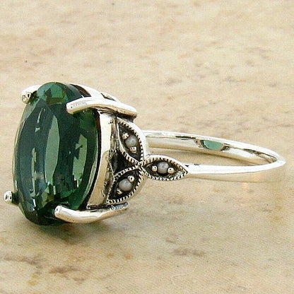 VICTORIAN STYLE 925 STERLING SILVER SIMULATED GREEN TOURMALINE PEARL RING   #749