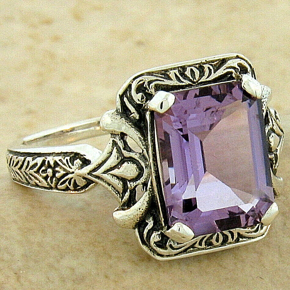GENUINE AMETHYST 925 STERLING SILVER SOLITAIRE ANTIQUE STYLE FILIGREE RING  #195