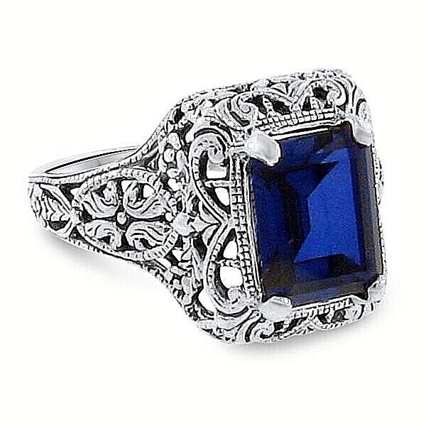 925 STERLING SILVER 4 Ct LAB-CREATED SAPPHIRE ART DECO STYLE FILIGREE RING  #074