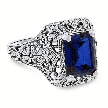 925 STERLING SILVER 4 Ct LAB-CREATED SAPPHIRE ART DECO STYLE FILIGREE RING  #074