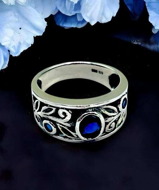 VINTAGE STYLE 925 SOLID STERLING SILVER SIMULATED SAPPHIRE FILIGREE RING 1820