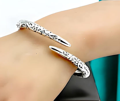 925 Filigree Sterling Silver Torque Bangle -6.75" Lightweight Bracelet 1227