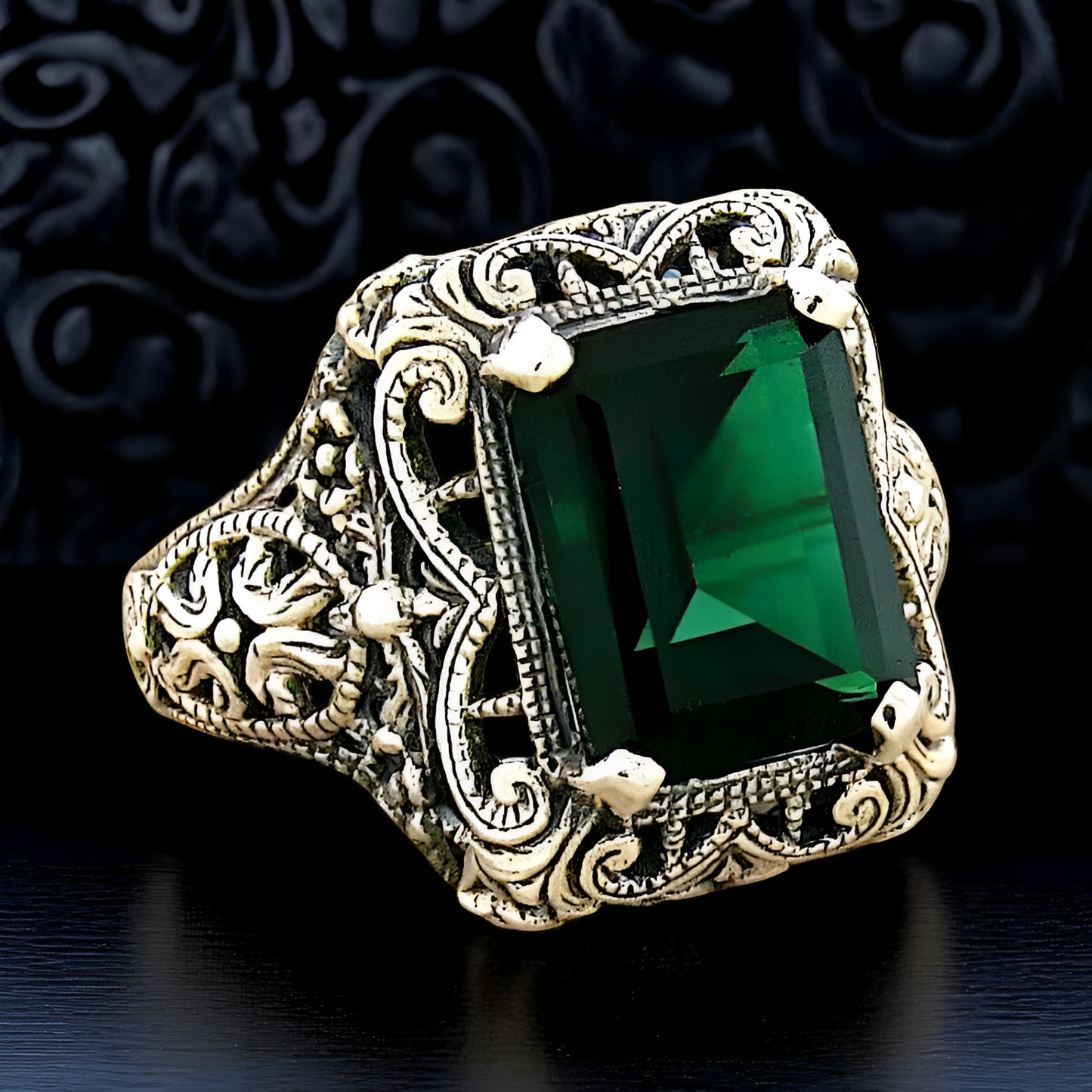 925 STERLING SILVER ART DECO STYLE SIMULATED EMERALD FILIGREE RING          #528