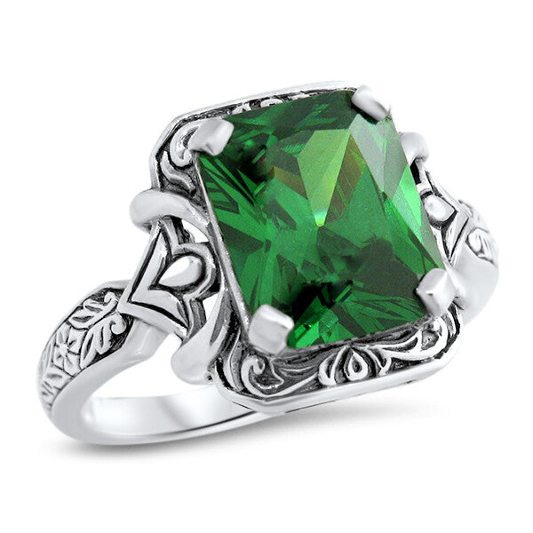 925 STERLING SILVER ANTIQUE DESIGN EM GREEN CZ FILIGREE SOLITAIRE RING     #1326