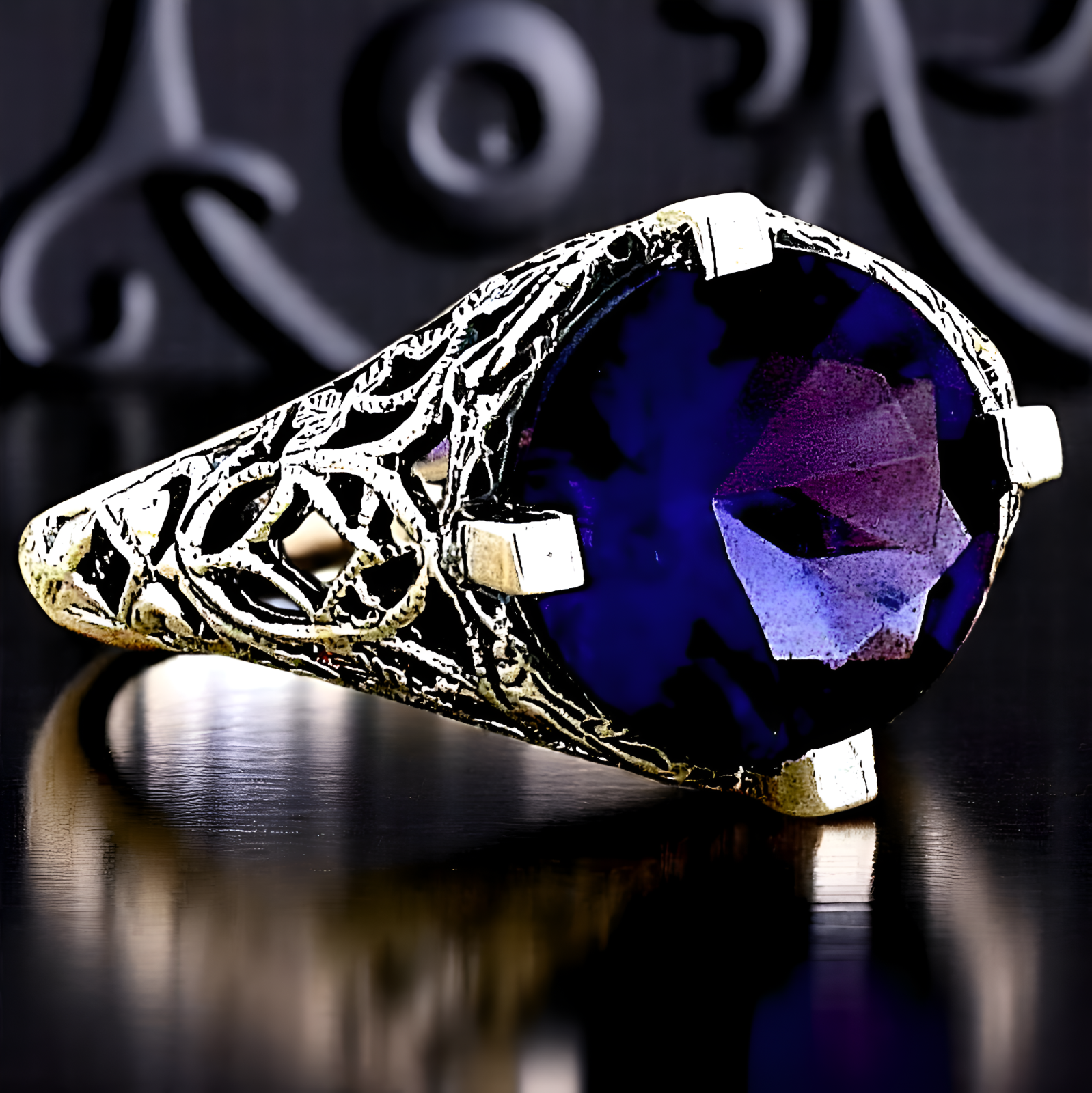 925 STERLING SILVER ANTIQUE STYLE 3 CARAT LAB AMETHYST FILIGREE RING   #155