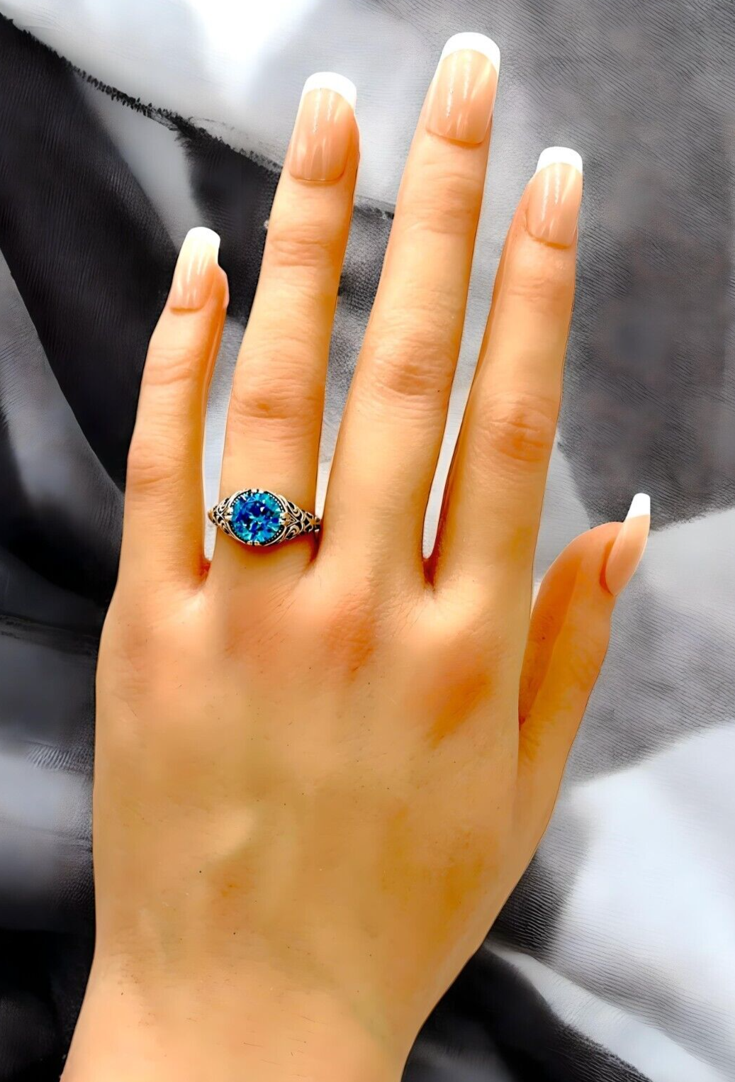 VINTAGE STYLE 925 STERLING SILVER AQUAMARINE CZ FILIGREE SOLITAIRE RING 1203