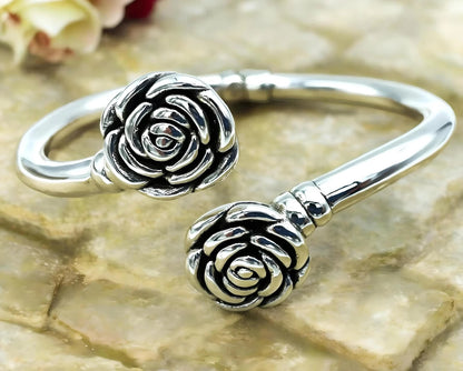 925 Sterling Silver Lightweight 7" Bangle Bracelet - Double Rose Design 1207
