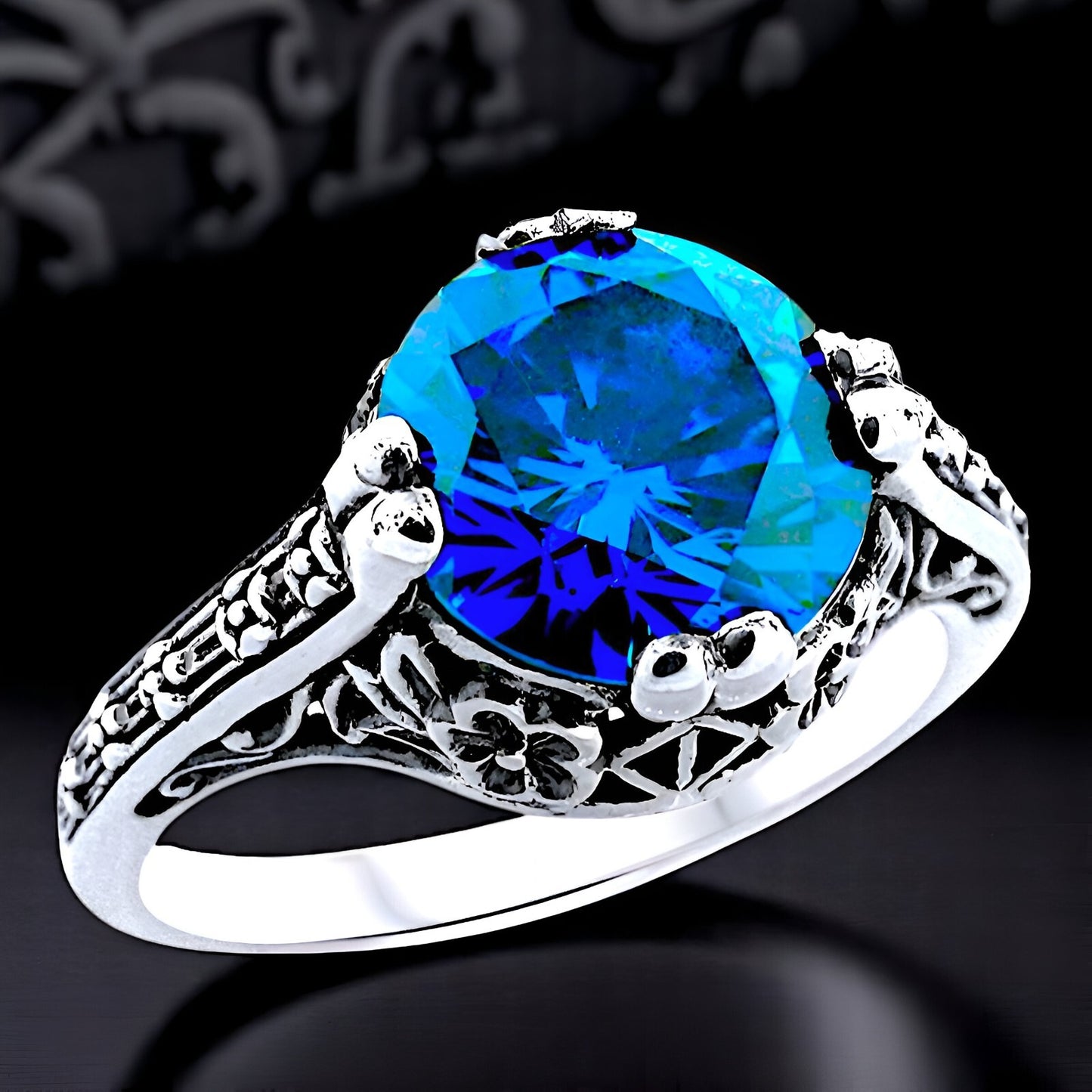 WEDDING ENGAGEMENT CEYLON SAPPHIRE CZ 925 STERLING SILVER FILIGREE RING    #1195