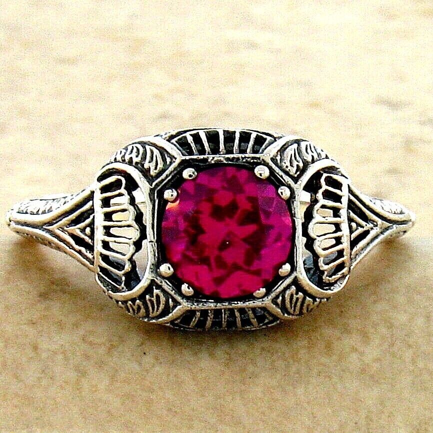 925 STERLING SILVER FILIGREE DECO ANTIQUE STYLE LAB-CREATED RED RUBY RING   #296