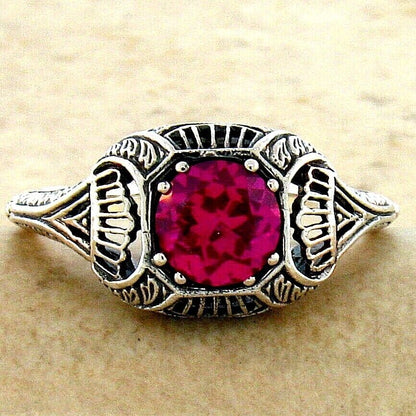 925 STERLING SILVER FILIGREE DECO ANTIQUE STYLE LAB-CREATED RED RUBY RING   #296