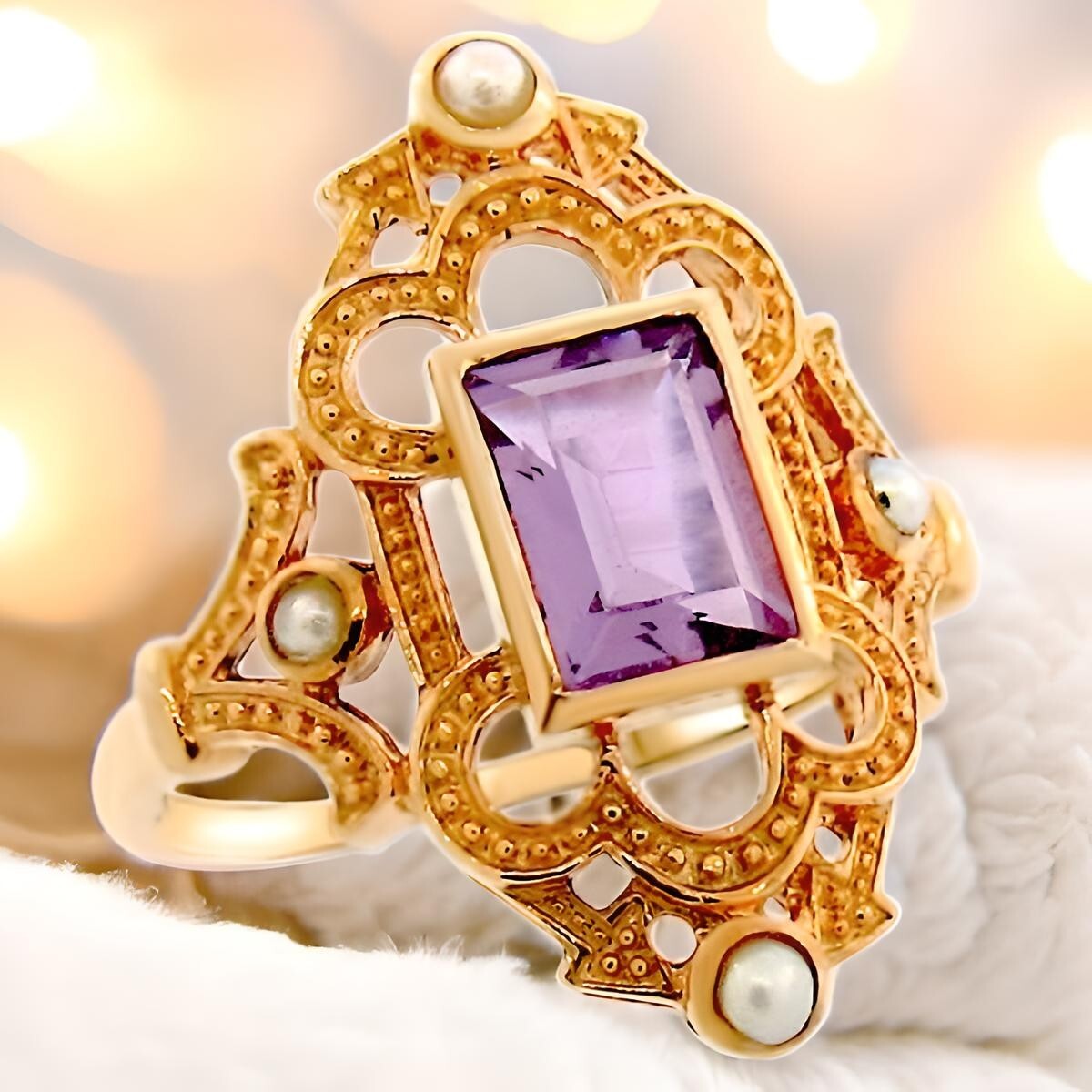 VINTAGE STYLE GENUINE AMETHYST & PEARL ROSE GOLD OVERLAY 925 SILVER RING  #830