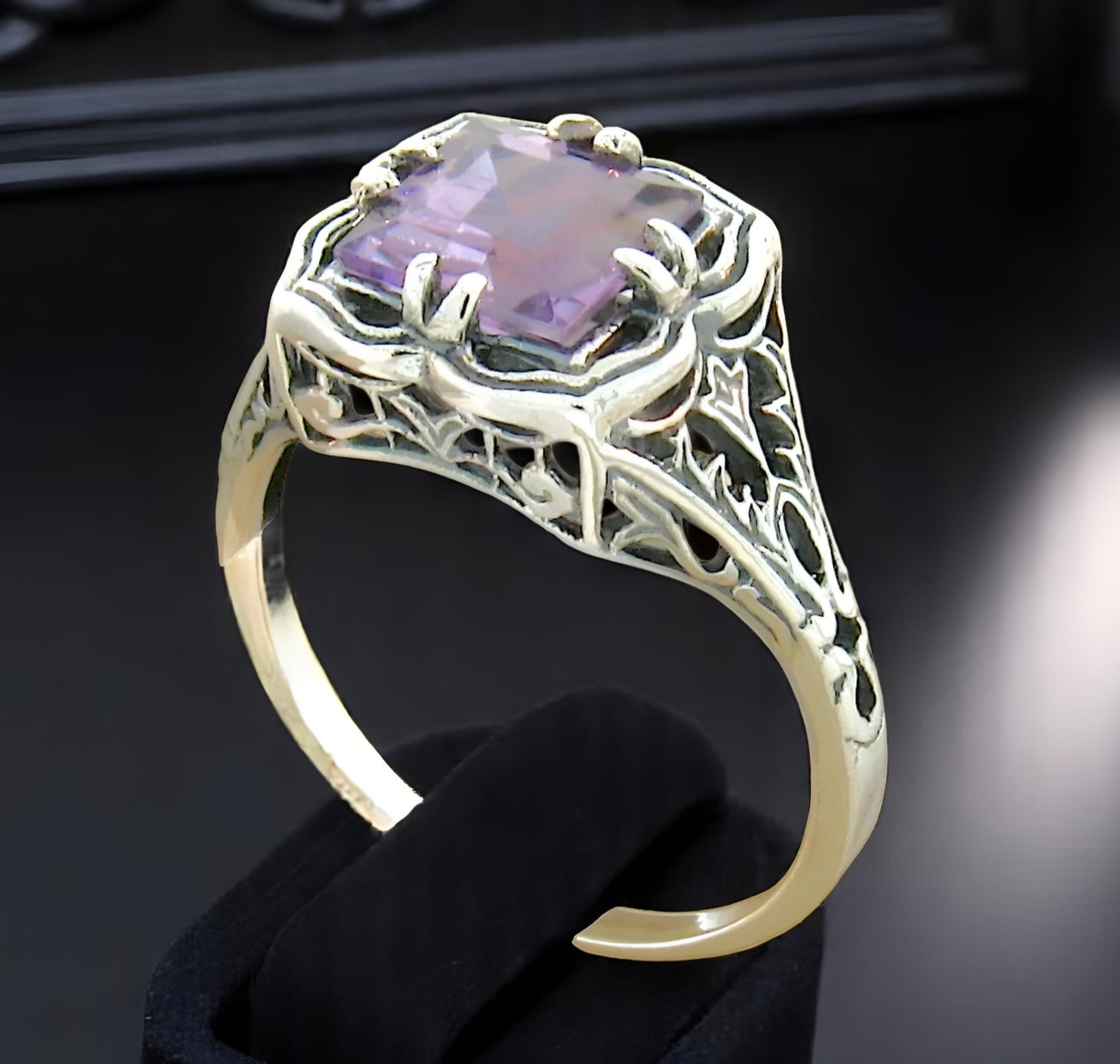 GENUINE AMETHYST ART DECO STYLE  925 STERLING SILVER FILIGREE RING          #780