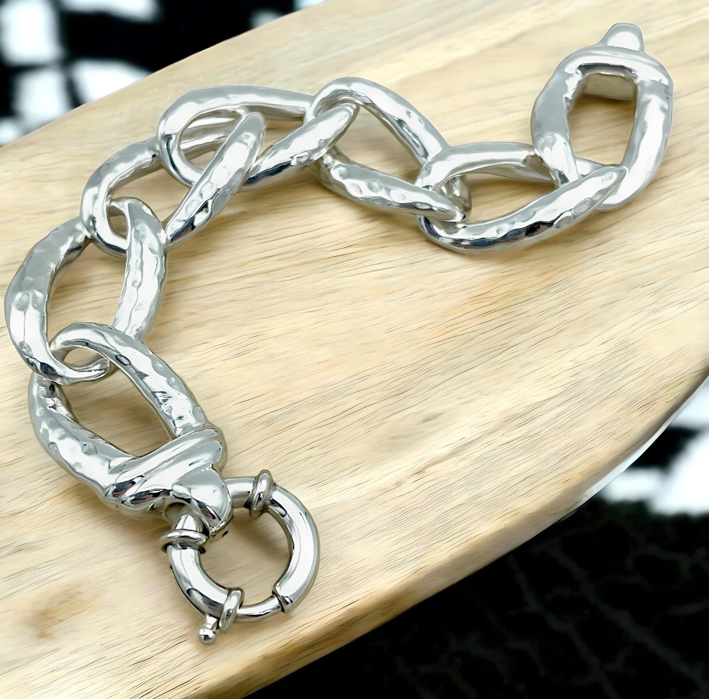 925 Sterling Silver Hammered Curb Link Bracelet - 7.5" Lightweight Design 1400