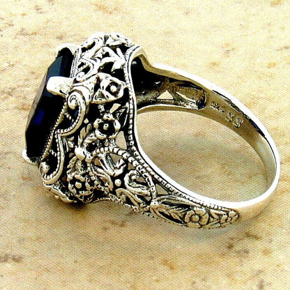 925 STERLING SILVER 4 Ct LAB-CREATED SAPPHIRE ART DECO STYLE FILIGREE RING  #074