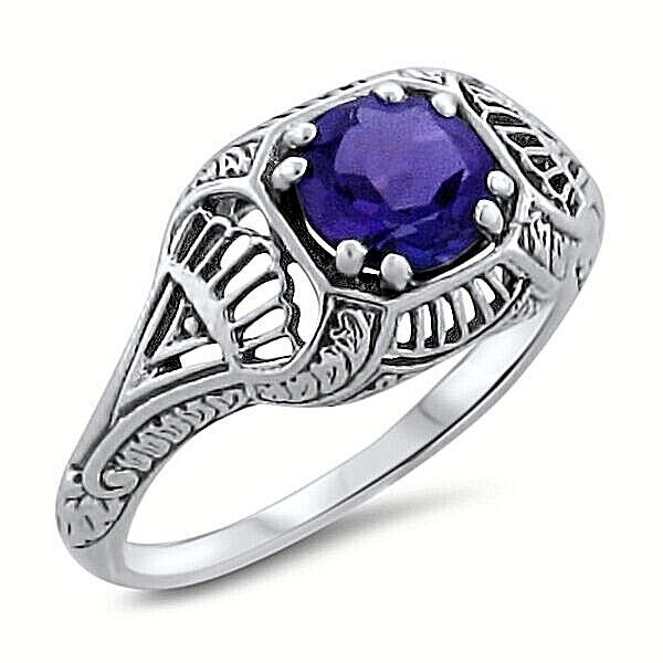 GENUINE AMETHYST 925 STERLING SILVER DECO ANTIQUE STYLE FILIGREE RING       #299