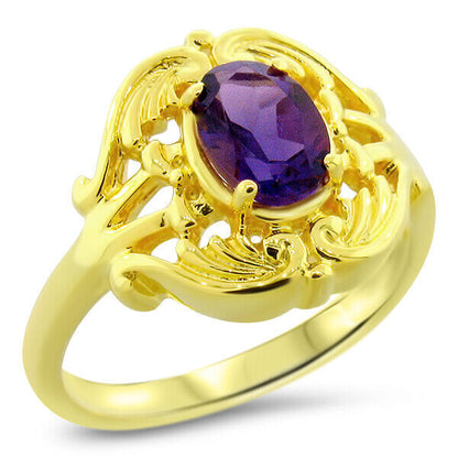 GENUINE AMETHYST ANTIQUE STYLE 24K GP OVER 925 SOLID STERLING SILVER RING   #576
