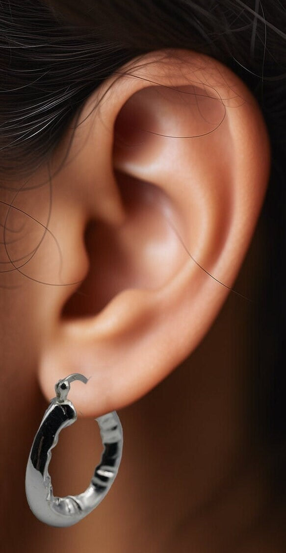 925 Sterling Silver Hoop Earrings, Hammered Finish, Latch Back, Lightweight 1520