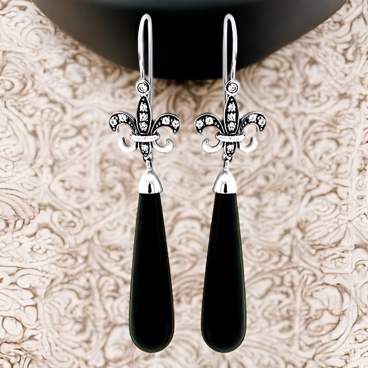 VICTORIAN STYLE BLACK ONYX FLEUR-DE-LIS 925 STERLING SILVER EARRINGS      #588