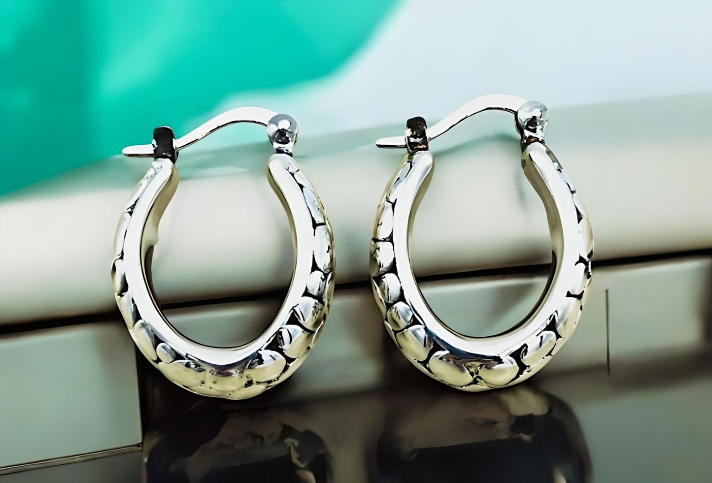 925 Sterling Silver Latchback Hoops, Lightweight Oval Dot Pattern Earrings  1262