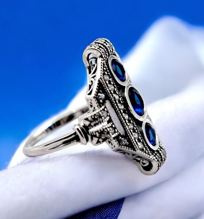 VINTAGE STYLE ROYAL BLUE SIMULATED SAPPHIRE & CZ 925 STERLING SILVER RING 1809