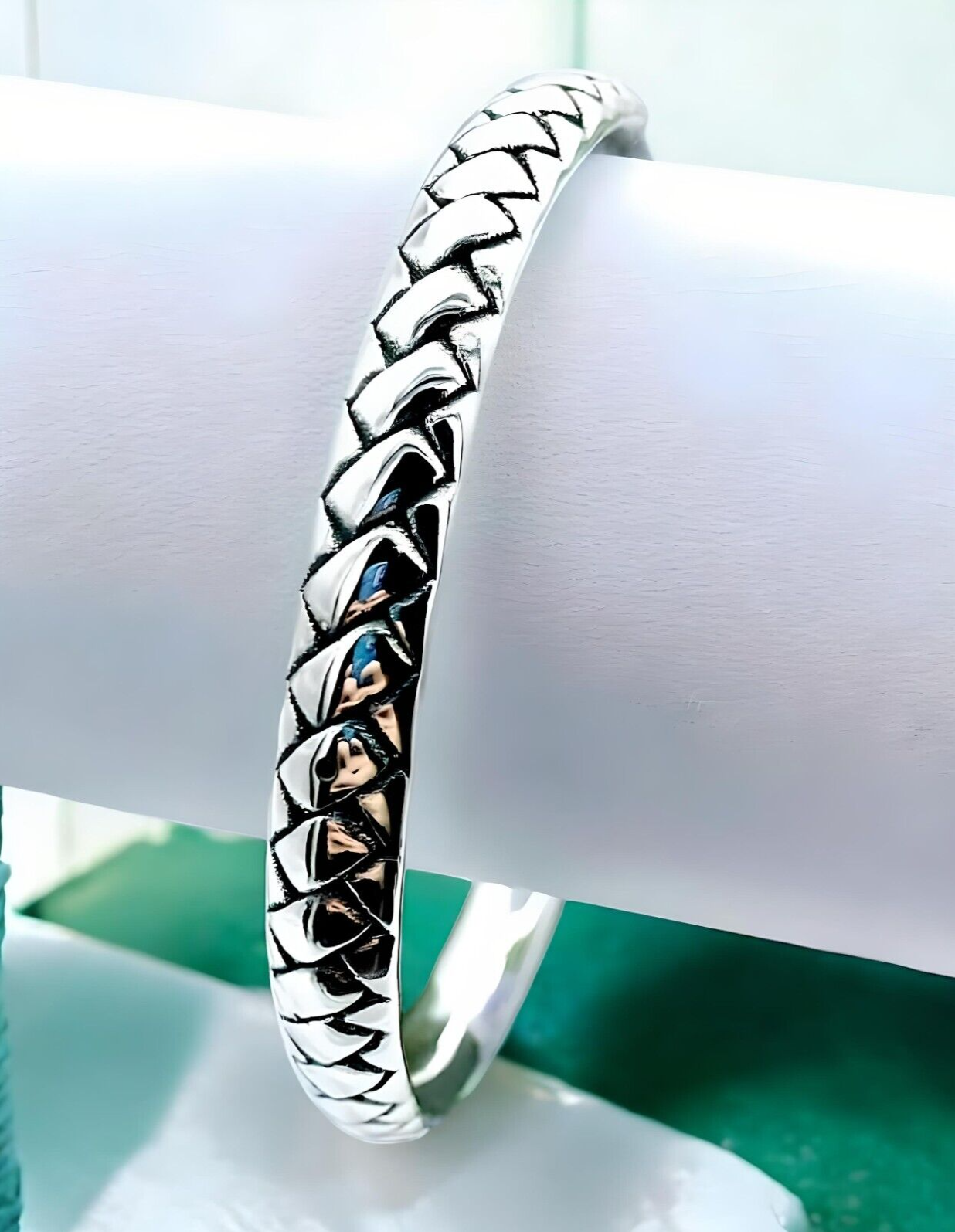 925 Sterling Silver Basket Weave Slip On Bangle Bracelet-8"Lightweight 1397