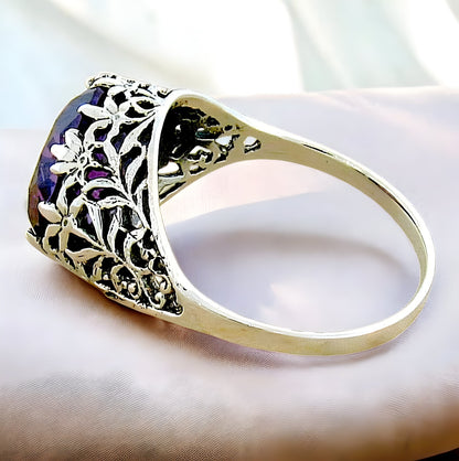 VICTORIAN STYLE 925 STERLING SILVER FILIGREE SIMULATED 5 CT ALEXANDRITE RING#320
