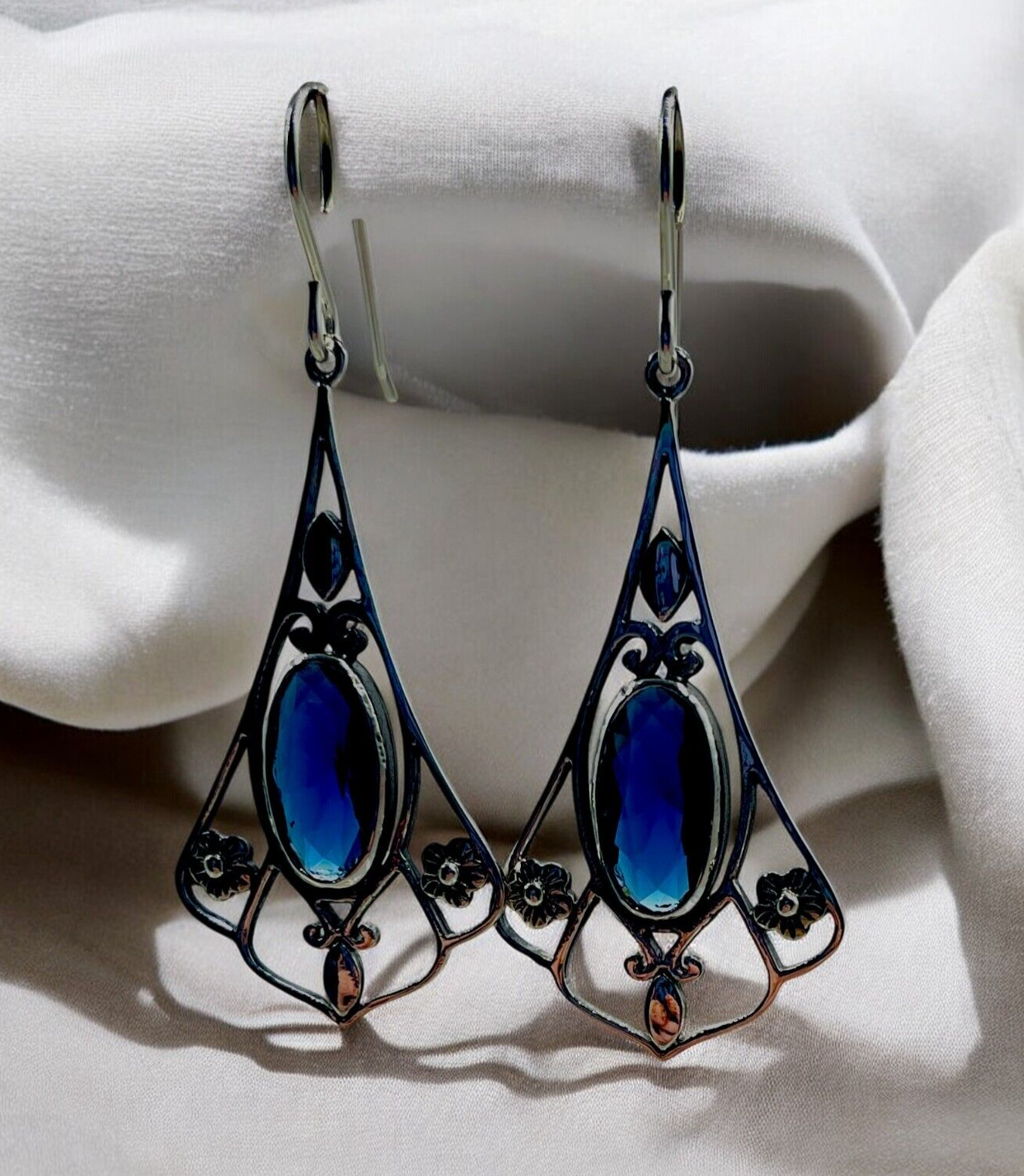 VINTAGE STYLE ROYAL BLUE SIMULATED SAPPHIRE 925 STERLING SILVER EARRINGS 1811