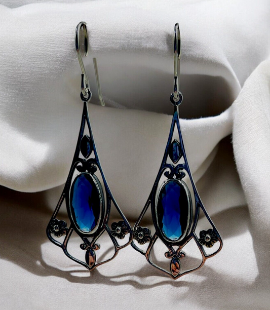 VINTAGE STYLE ROYAL BLUE SIMULATED SAPPHIRE 925 STERLING SILVER EARRINGS 1811