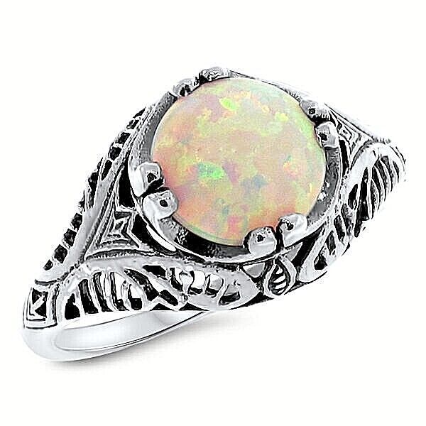 VINTAGE STYLE 925 STERLING SILVER LAB-CREATED WHITE OPAL FILIGREE RING      #800