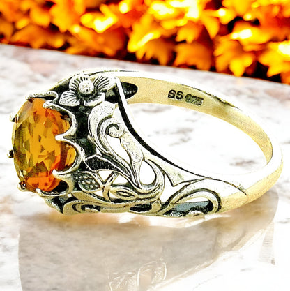 VINTAGE STYLE SCOTTISH THISTLE 925 STERLING SILVER LAB-CREATED CITRINE RING 890