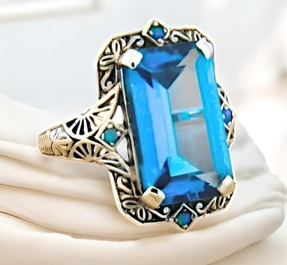 VINTAGE STYLE 925 STERLING SILVER 6 Ct SIMULATED AQUAMARINE OPAL RING       #309