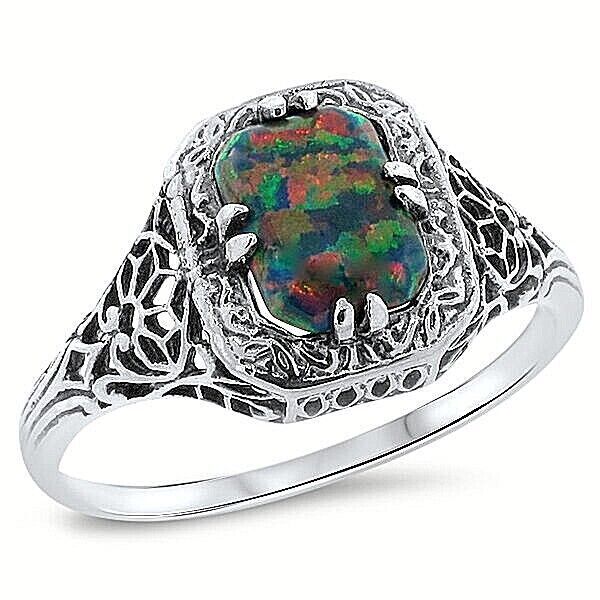 VINTAGE STYLE 925 STERLING SILVER LAB-CREATED BLACK OPAL FILIGREE RING      #686