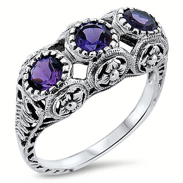3 STONE GENUINE AMETHYST 925 STERLING SILVER VICTORIAN STYLE FILIGREE RING  #815