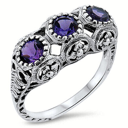 3 STONE GENUINE AMETHYST 925 STERLING SILVER VICTORIAN STYLE FILIGREE RING  #815