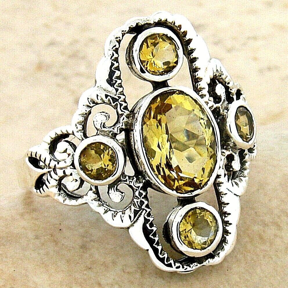 VINTAGE STYLE GENUINE CITRINE 925 SOLID STERLING SILVER FILIGREE RING       #247