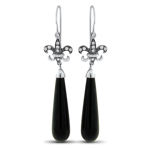 VICTORIAN STYLE BLACK ONYX FLEUR-DE-LIS 925 STERLING SILVER EARRINGS      #588