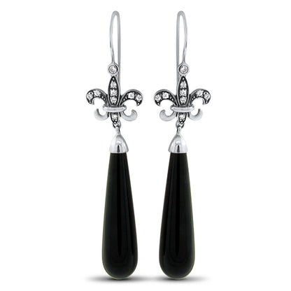 VICTORIAN STYLE BLACK ONYX FLEUR-DE-LIS 925 STERLING SILVER EARRINGS      #588