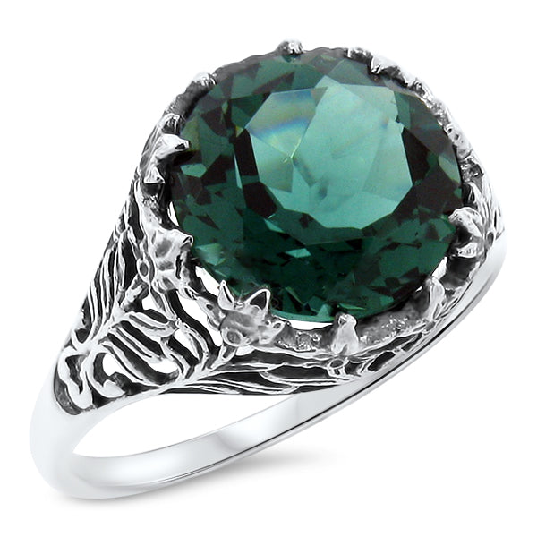 VICTORIAN STYLE 925 STERLING SILVER SIMULATED EMERALD FILIGREE RING         #779