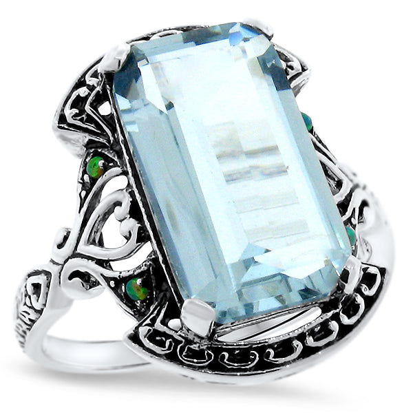 VICTORIAN STYLE 925 STERLING SILVER SIMULATED AQUAMARINE & GREEN OPAL RING  821