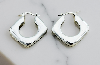 925 Sterling Silver Classic Square Hoop Earrings - Lightweight Dot Design 1294