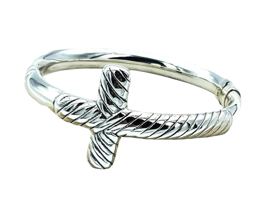 925 Sterling Silver Cross Bangle - 7 " Lightweight Twisted Design Bracelet 1381