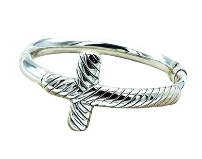 925 Sterling Silver Cross Bangle - 7 " Lightweight Twisted Design Bracelet 1381