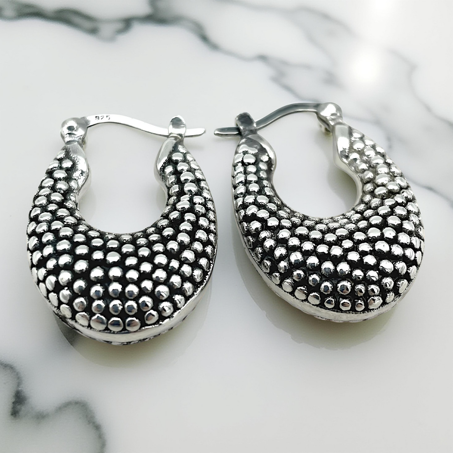 925 STERLING SILVER COBBLESTONE DESIGN THICK HOOP EARRINGS LIGHTWEIGHT 1568