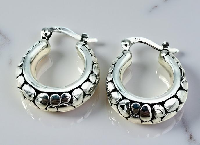 925 Sterling Silver Cobblestone Hoop Latch Back Earrings, Lightweight Perfect Everyday Wear Jewelry,Unique Birthday Or Anniversary Gift 1604
