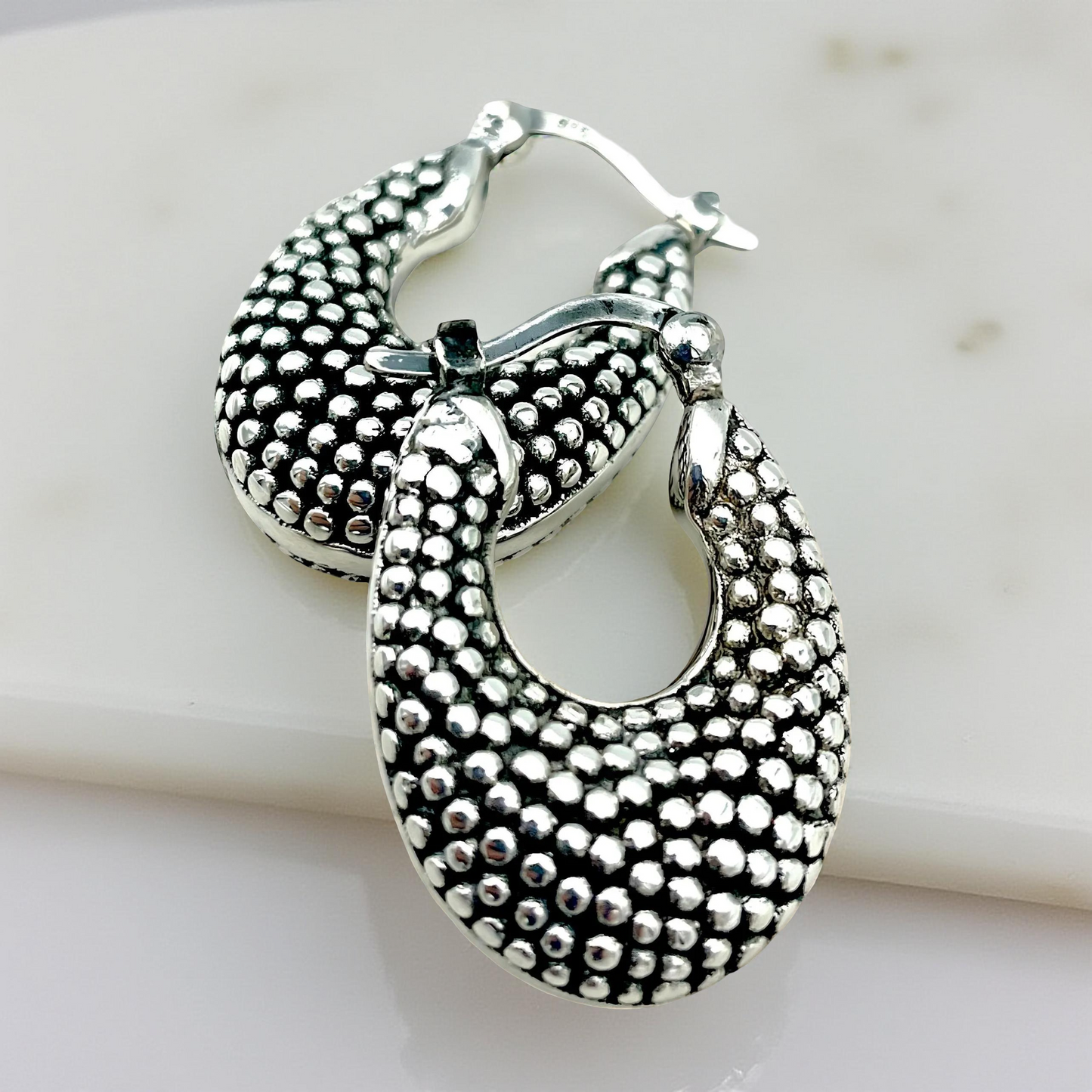 925 STERLING SILVER COBBLESTONE DESIGN THICK HOOP EARRINGS LIGHTWEIGHT 1568