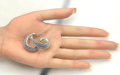 925 STERLING SILVER COBBLESTONE DESIGN HALF HOOP EARRINGS LIGHTWEIGHT 1671