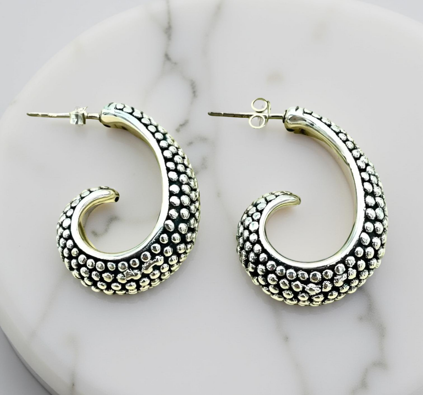 925 STERLING SILVER COBBLESTONE DESIGN HALF HOOP EARRINGS LIGHTWEIGHT 1671