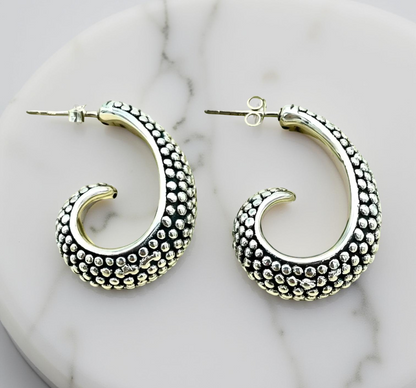 925 STERLING SILVER COBBLESTONE DESIGN HALF HOOP EARRINGS LIGHTWEIGHT 1671