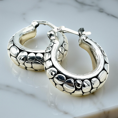 925 Sterling Silver Cobblestone Hoop Latch Back Earrings, Lightweight Perfect Everyday Wear Jewelry,Unique Birthday Or Anniversary Gift 1604